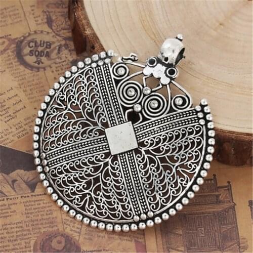1 Piece Zinc Based Alloy Boho Chic Pendants Round Silver Color Filigree Style DIY Findings 74mm x 64mm(2 4/8")