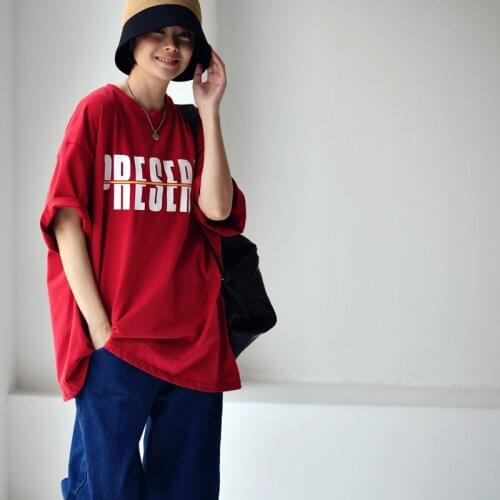 MICOCO T3168C Casual literary fashion letter printing Loose round neck and short sleeves T-shirt