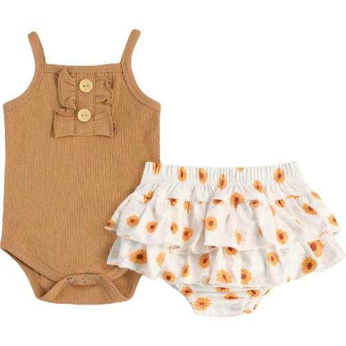 2 Pcs Newborn Casual Outfits Toddler Girl Sleeveless Square Collar Ribbed Romper + Daisy Print Layered Shorts