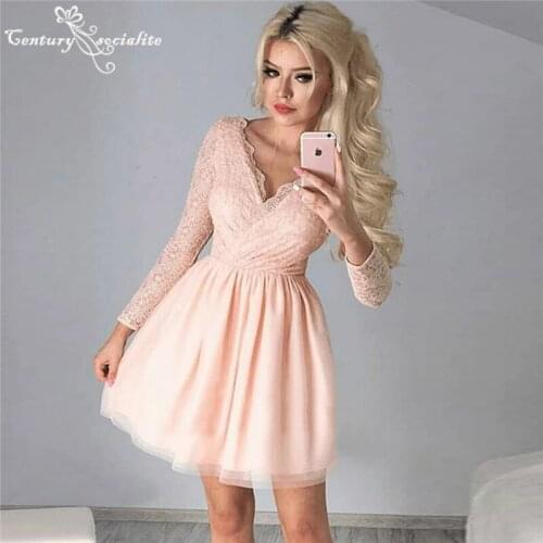 Blush Pink Homecoming Dresses Short V-Neck Lace Tulle Long Sleeve Mini Graduation Party Gowns Cocktail Dress Prom Dress Cheap
