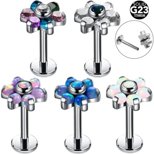1PC G23 Titanium Opal Labret Stud Rings Crystal Flower Ear Tragus Earring Conch Piercing Dermal Anchor Tops Lip Piercing Jewelry