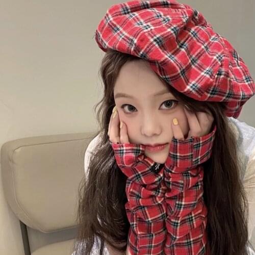 Harajuku Japanese Personality Plaid Beret for Women Female Spring Autumn New Red Hat Painter Hat Retro Fashion Korean Cute Girl