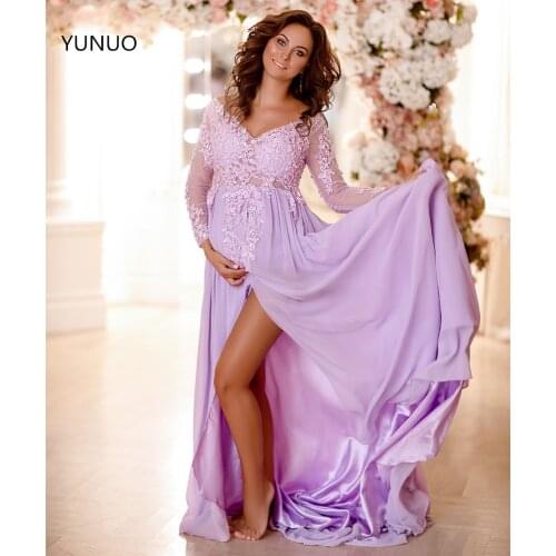 YUNUO Maternity Long Sleeves Prom Dresses V-neck Appliques Lace Pregnant Shooting Photo Front Slit Chiffon Evening Dress