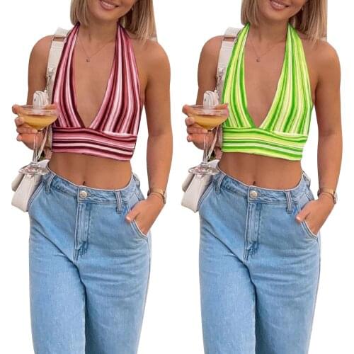 Women Striped Halter Crop Camis Sexy Sleeveless Backless Tie Back Knitted Tank Tops Feamle Summer Halter Drawstring Vest Tees