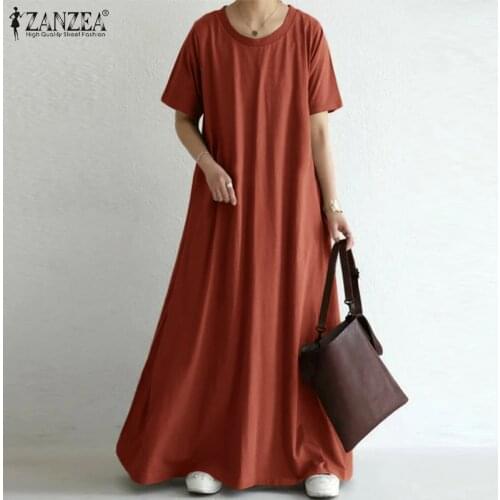 Women Summer Sundress 2021 ZANZEA Vintage Solid Maxi Dress Short Sleeve Baggy Vestidos Female O Neck Casual Robe Femme Oversize