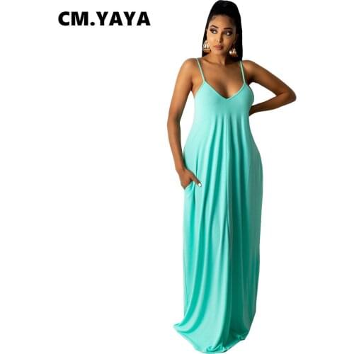 CM.YAYA Women Long Dress Solid Sleeveless Spaghetti Strap V-neck Loose Floor-length Elastic Dresses with Pockets Sexy Outfit