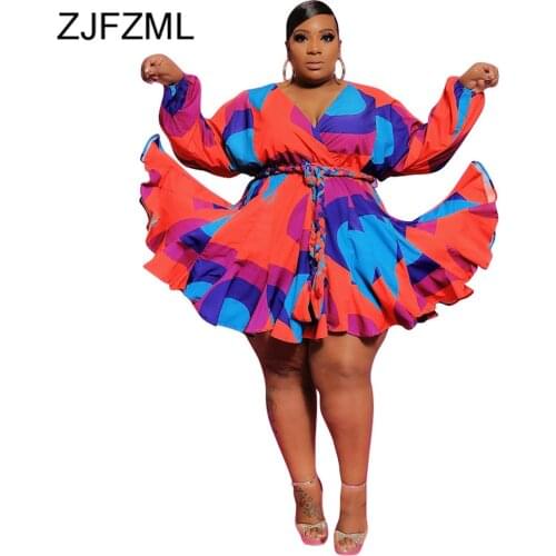 Contrast Color Patchwork Plus Size Dresses for Women Deep V Neck Long Sleeve Big Swing Dress Elegant High Waist Sashes Vestidos