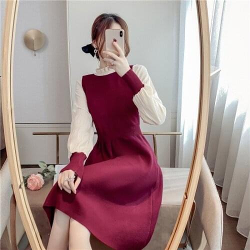 Winter Sping Sweater Long Sleeve Knitted Dress Slim High Waist Stand Collar A Line One Piece Patchwork Mid-Calf Office Lady