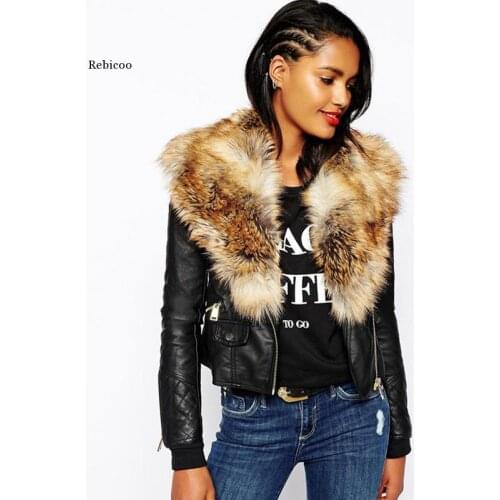 Winter Jackets Women Basic Coats Fashion Faux Pu Leather Winter Jackets Women Artificial Fur Collar Coat Female