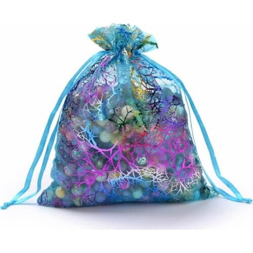100PCS Rectangle Colorful Coral Pattern Organza Gift Bags Drawstring Pouches for Various Festivals Present Decor Supplies