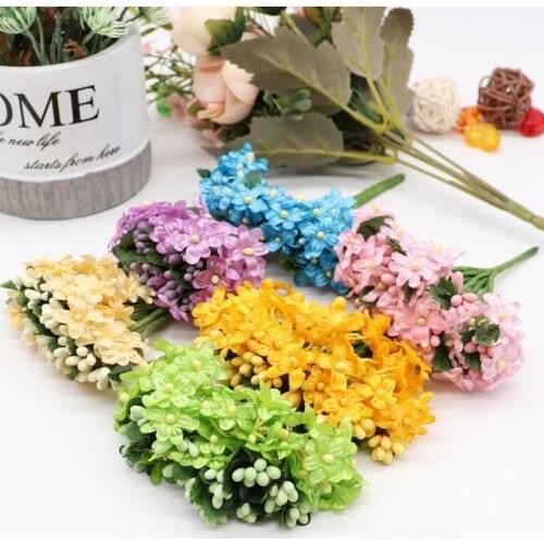 12pcs Mini Silk Artificial Flower Stamen Plum Bouquet For Wedding Decoration DIY Scrapbooking Decorative Wreath Fake Flowers
