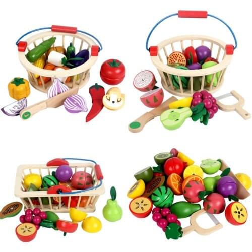 Wooden Magnetic Fruit Vegetable Combination Cutting Toy Children Play Pretend Simulation Basket Fruit set Kids Gifts