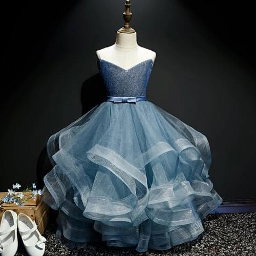 Flower Girl Dresses Princess Lace Sequined Ball Gown O-Neck Sleeveless Tiered Floor-Length Tulle Ruched Kids Party Skirt H051