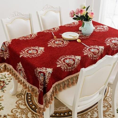 Europe Luxury Wedding Table Cloth Chenille Embroider Rectangle Table Covers with Tassel Navy Blue/Red Tablecloth for Home Decor