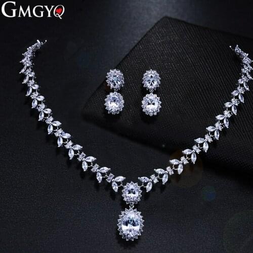 GMGYQ Deluxe Earrings Necklace Set Drop-shaped Olive Zirconia Bride Jewelry Set Dinner Dress Accessories