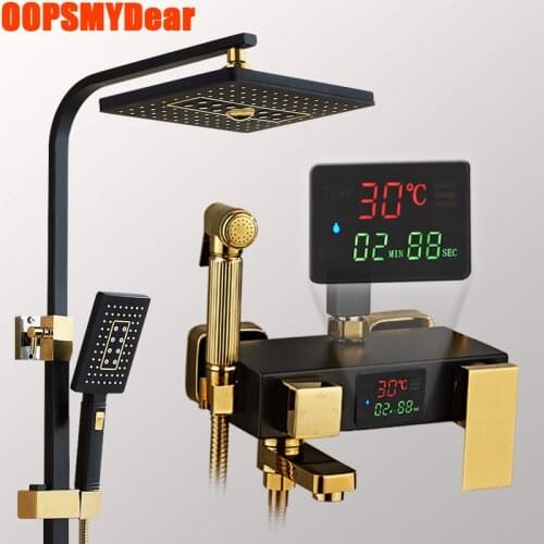 Hot Cold Shower System Bathroom Thermostatic Digital Shower Set SPA Rainfall Square Head Bath Faucet Full Kit LED Light Torneira