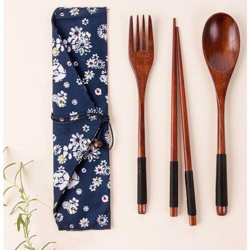 Chinese Chopsticks Tableware Wooden Cutlery Sets with Spoon Fork Cloth Bag Environmentally Friendly Travel Portable Dinnerware