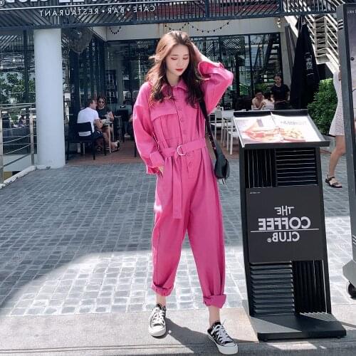Spring Autumn Fashion Chic Style Womens Wear Tighten The Waist Retro Lazy Wide Leg Overalls Denim Jumpsuit