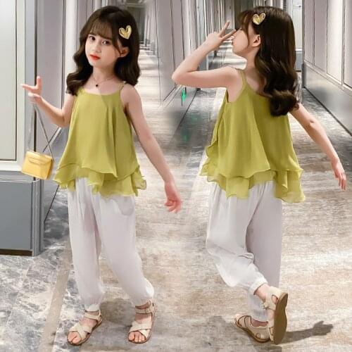 Kids Clothing for Girls Chiffon Vest Tops + Pants 2pc set summer 2021Teenage Girl Boutique Outfits Children Clothes Suits