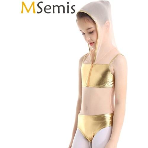 Girls Leotard Ballet Sleeveless Shiny Metallic Hoodie Mesh Patchwork Zipper Closure Gymnastics Leotard Ballet dance costumes Kid