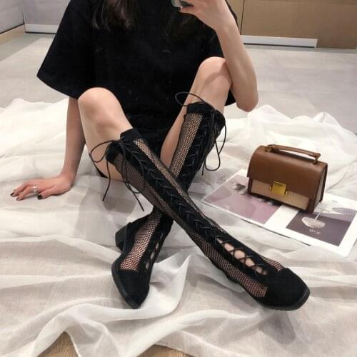 Summer hollow high boots women 2020 new mesh lace up long cool boots trend street beat womens shoes
