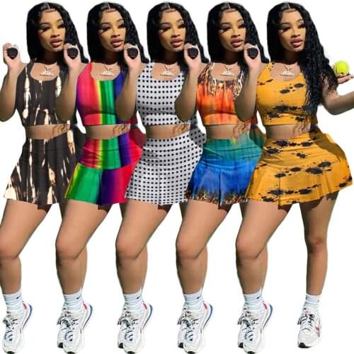 Summer Activewear Two Pieces Matching Sets Sleeveless Print Tank Crop Tops Bodycon Mini Shorts Skirts Sexy Outdoor Gym Outfits