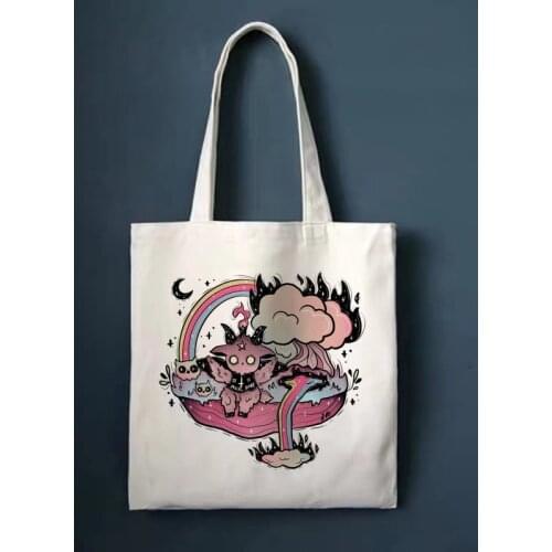 Reusable Shopping Bag Women Canvas Tote Bags Satan Devil Cats Printing Bag Cartoon Bolsa De Compras Shopper Shoulder Bags Women