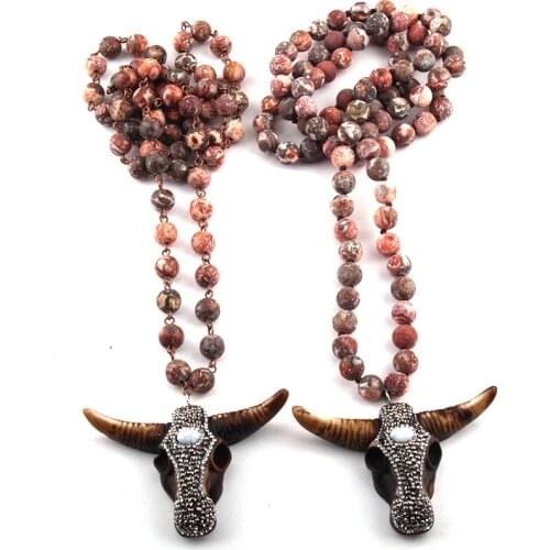 Fashion Bohemian Tribal Jewelry Frosted Semi Precious Stone Handmake Paved Horn Pendant Ethnic Necklace
