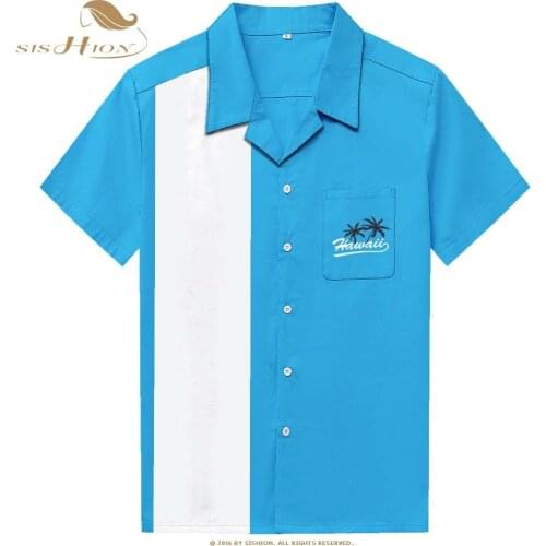 SISHION 2021 Men Summer Hawaiian Shirt ST126 Embroidery Vintage Retro Cotton Short Sleeve Light Blue Shirts camisas