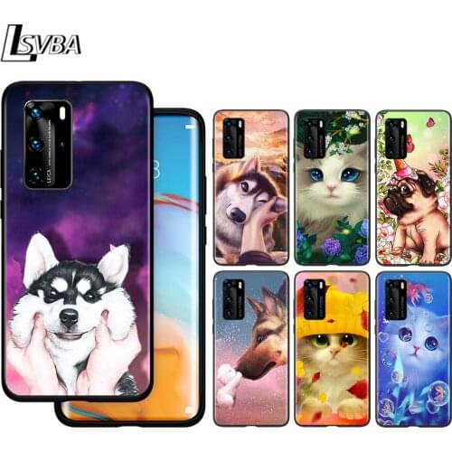 Cute Dog Cat For Huawei P40 P30 P20 P10 Pro Lite E Plus 4G 5G P9 P8 Lite P Smart Z S Plus Soft Black Phone Case