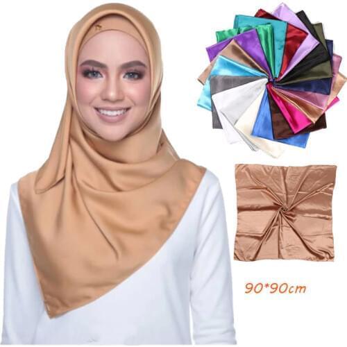 New malaysia hijab silk square 90*90 scarf for women solid color bandana female foulard muslim hijab scarf islamic headscarf