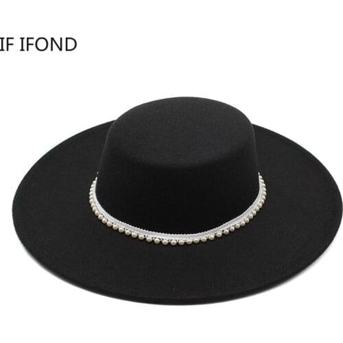 New Flat Top Hat For Women Big Brim 10CM Felt Fedora Hat With pearl Ribbon Elegant Lady Wedding Jazz Cap