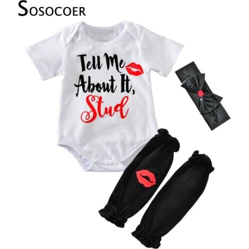 SOSOCOER Baby Girl Clothing Sets 2017 Summer Letter Lips Rompers+Leg Warmer+Bow Headband 3pcs Girls Outfits Kids Clothing Set