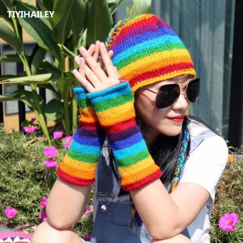 TIYIHAILEY Free Shipping 2020 New Fashion Rainbow Colorful Winter Warm Thick Fleece Inside Women Wool Fingerless Gloves