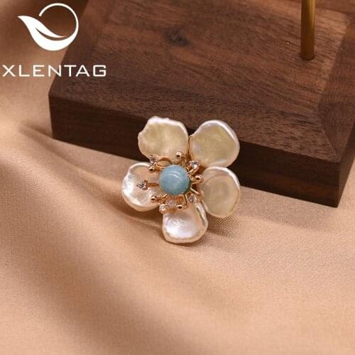 XlentAg 100% Natural Baroque Pearl Flower Brooch Pin For Women Girl Lovers' Engagement Gift Handmade Luxury Fine Jewelry GO0349A