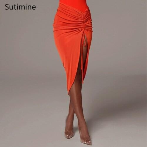 Skirts Drawstring Ruched Women Pencil Midi Skirt Slit High Waist Elegant Bodycon Sexy Streetwear Party Club 2021 Summer Clothes