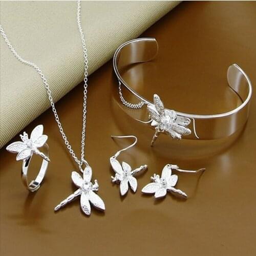 New Fashion Jewelry Sets 925 Silver Insect Dragonfly Necklace Bangle Earrings Rings Sets For Wedding Jewelry