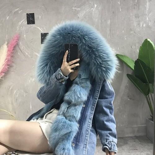 Real Fur Coat Women Natural Rabbit Fur Liner Raccoon Fur Collar Parka Womens Hooded Denim Jacket Chaqueta Hombre B450 YY457