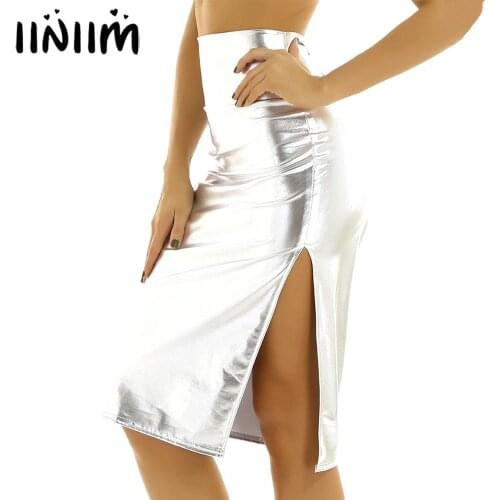 Women High Waist Split Midi Skirt Sexy Metallic Holographic Party Pencil Skirts Femme Jupes Summer Knee Length Streetwear Skirts