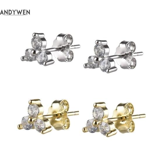 ANDYWEN 925 Sterling Silver Triangle Flower Stud Earring Sparkly Trio CZ Zircon Crysral Women Simple Classic Fashion Jewelry