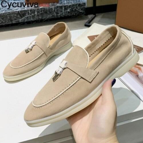 Hot Sale Women Causal Loafers High Quality Kidsuede Slip-On Ladies Mules Lock Decor Brand Runway Summer Walking Flat Shoes Woman