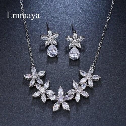 Emmaya Brand Fashion Flower Cubic Zircon Water Drop Pendant Crystal Earrings Necklace Set For Women Elegance Bride Jewelry Gift