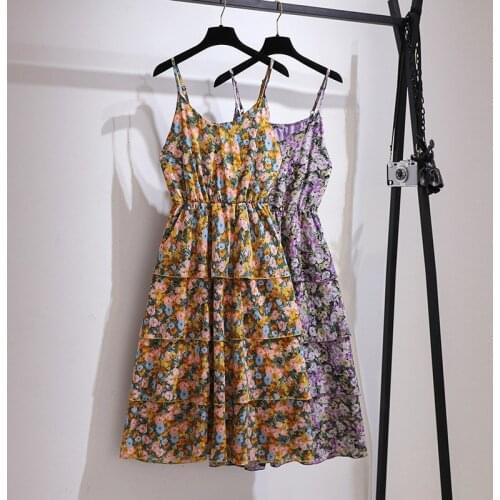 2021 Summer Oversize Womens Printed Chiffon Strap Dress Sleeveless Elastic Waist Slim Cake Beach Dresses Plus Size 6XL KW1115