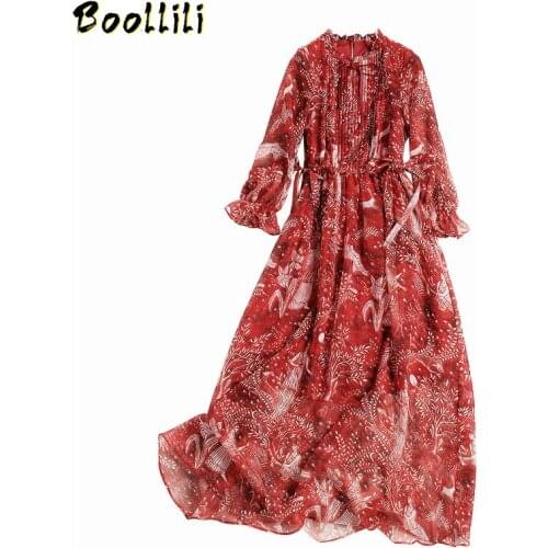 Spring Dress for Womens Temperament Bow Elegant Printing Chiffon Long Sleeve Maxi Dress Party Night Red Dresses Vestidos
