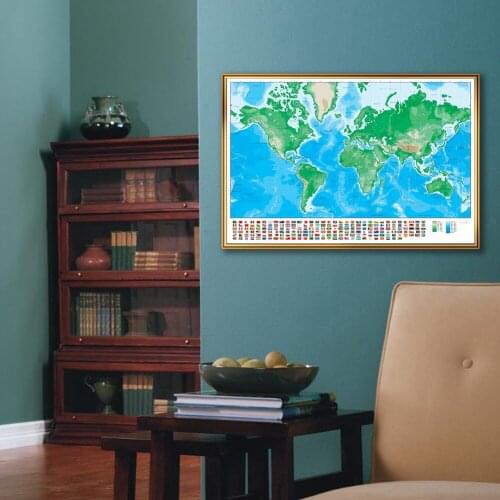 59*42cm Terrain Map of The World with National Flags Canvas Painting Wall Art Poster School Supplies Living Room Home Decor