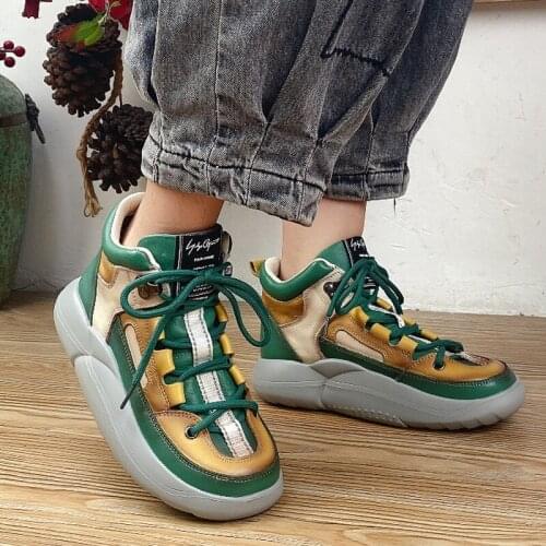 Female Genuine Leather Shoes Women Boots Lace-up Mixed Colors Round Toe 2021 Winter New Leisure Sewing Handmade Platform Boots