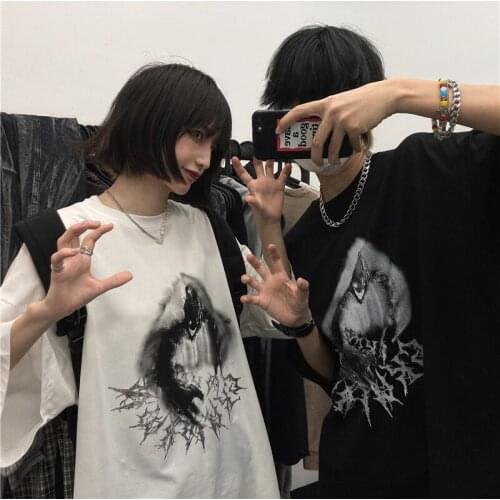Summer Harajuku T-Shirt Women Korean Vintage Loose Cotton Pattern Print Short Sleeve Y2K Black Streetwear Punk Hip Hop Clothes