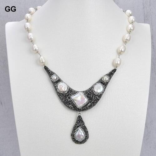 GG Jewelry 18'' White Rice Pearl White Keshi Pearl Necklace Biwa Pearl Pendant