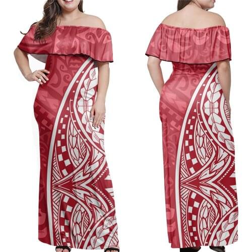 Jackherelook Red Polynesain Tattoo Print Elegant Party Long Dresses Samoa Tribal Floral Design Summer Spring Off Shoulder Dress