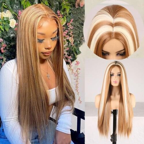 Brown Two Tone Color Synthetic Hair Wig for Girls Women Middle Part with Baby Hair Heat Resistant Fiber Hair Machine Made Wig